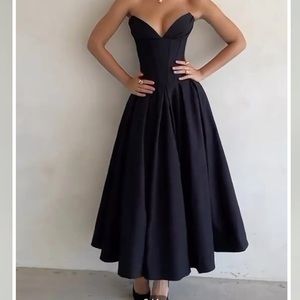 Commense Double Pockets Pleated Zip Corset Tube Midi Dress